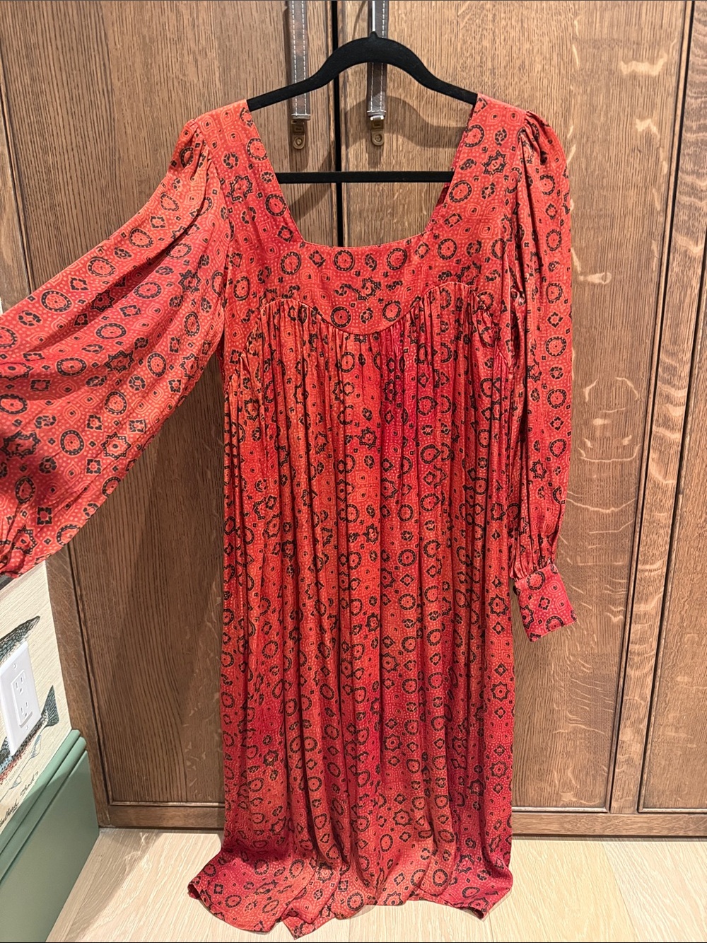 Red Printed Long Sleeve Midi Dress with Square Neck